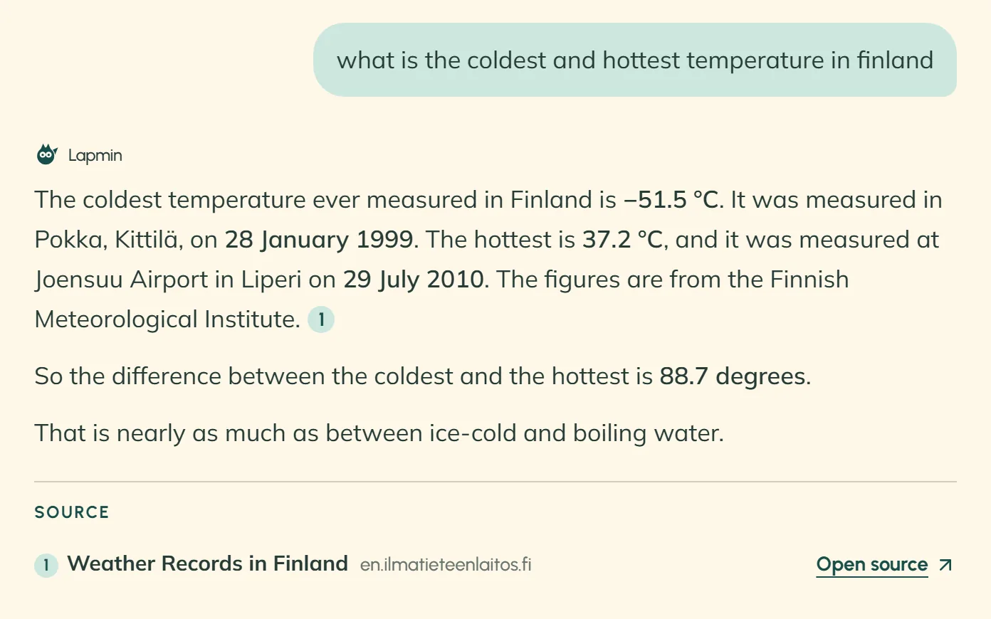 Lapmin answers a student’s question about the coldest and hottest temperatures ever measured in Finland. The answer draws on the Finnish Meteorological Institute’s records, with a numbered source beneath it.