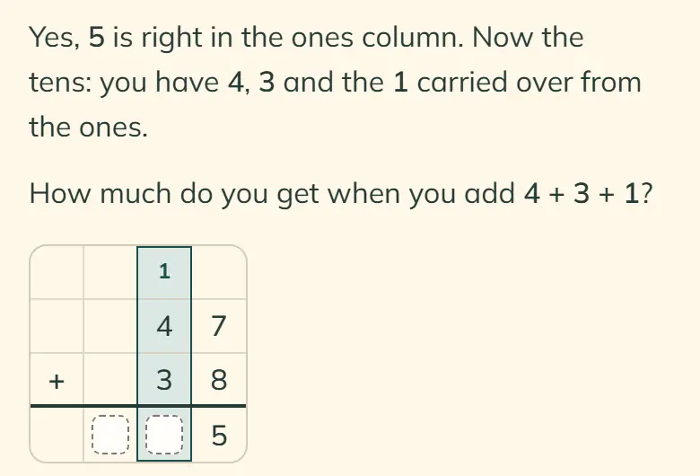 Lapmin says the 5 in the ones column is correct and asks what 4 + 3 + 1 equals. The grid shows 47 above 38, the entered 5, a carried 1 and the highlighted tens column.