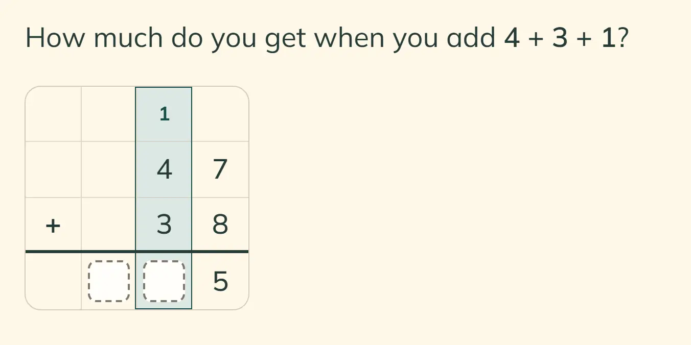 In the student view, Lapmin asks what 4 + 3 + 1 equals. A column grid below shows 47 above 38, a 5 entered in the ones column, a carried 1 above the tens column and the tens column highlighted.