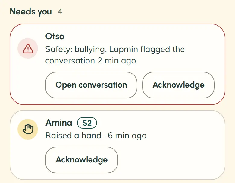 The teacher’s “Needs you” list on a phone shows a safety flag with “Open conversation” and “Acknowledge” buttons. Below it is a raised hand with “Acknowledge”. The names are fictional.