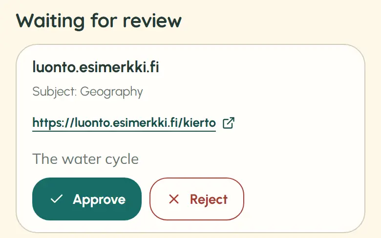 The teacher’s source review on a phone shows one suggested website awaiting a decision, with its domain, subject row, sample link, page title, and “Approve” and “Reject” buttons. The website is an example.