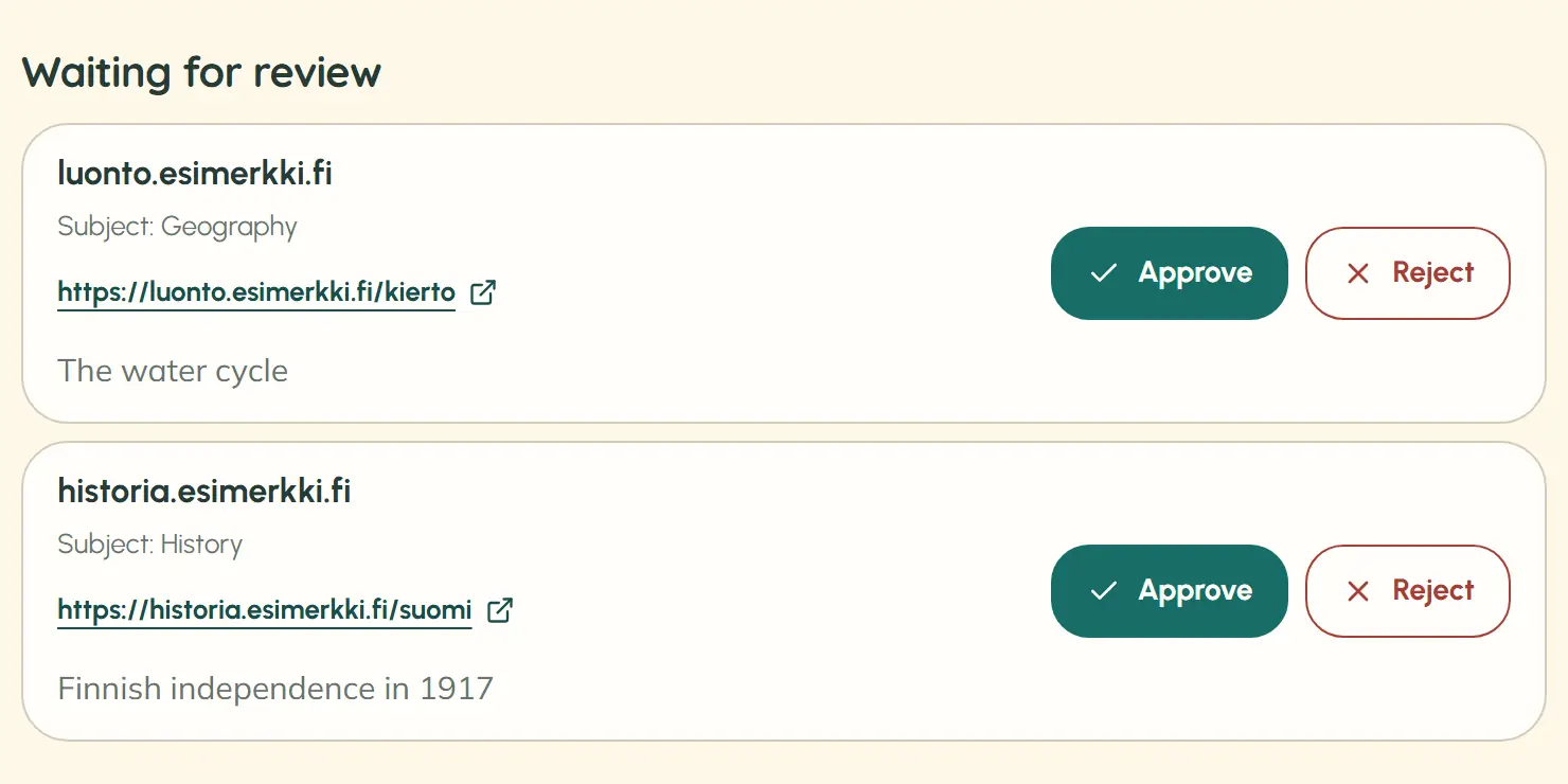 The teacher’s source review shows two suggested websites awaiting a decision. Their domains, “Subject: Geography” and “Subject: History” rows, sample links, page titles, and “Approve” and “Reject” buttons are visible. The websites are examples.