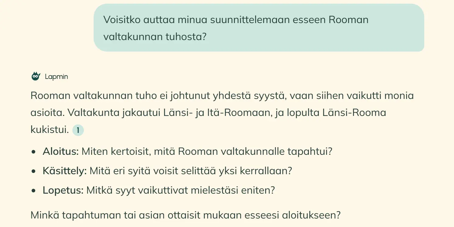 Oppilas kysyy Lapminilta: "Voisitko auttaa minua suunnittelemaan esseen Rooman valtakunnan tuhosta?" Lapmin vastaa, ettei tuho johtunut yhdestä syystä ja että valtakunta jakautui Länsi- ja Itä-Roomaan. Vastauksessa on lähdemerkintä 1, kolme kysymystä esseen aloituksesta, käsittelystä ja lopetuksesta sekä kysymys siitä, minkä tapahtuman tai asian oppilas ottaisi mukaan esseen aloitukseen.
