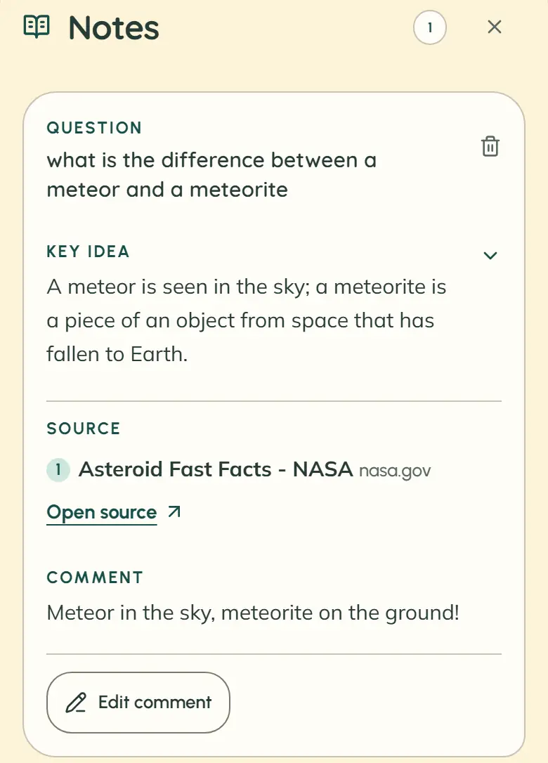 The student’s “Notes” view shows one saved note with a question, key idea, numbered source and personal comment.