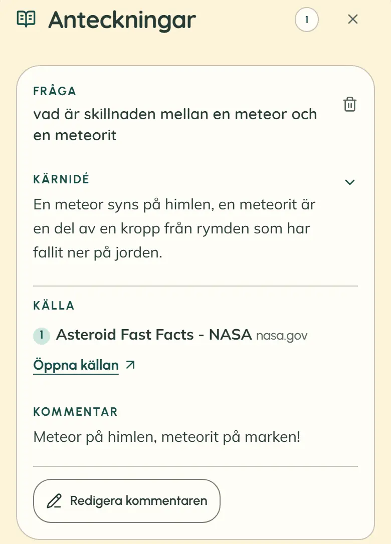 Elevens vy ”Anteckningar” visar en sparad anteckning med fråga, kärnidé, numrerad källa och egen kommentar.