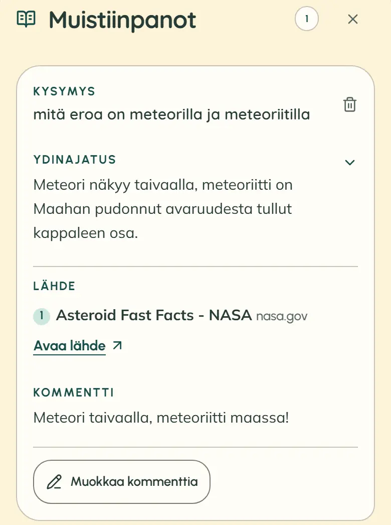 Oppilaan Muistiinpanot-näkymä puhelimella: yksi tallennettu muistiinpano, jossa on kysymys, vastauksen ydinajatus, numeroitu lähde ja oppilaan oma kommentti.