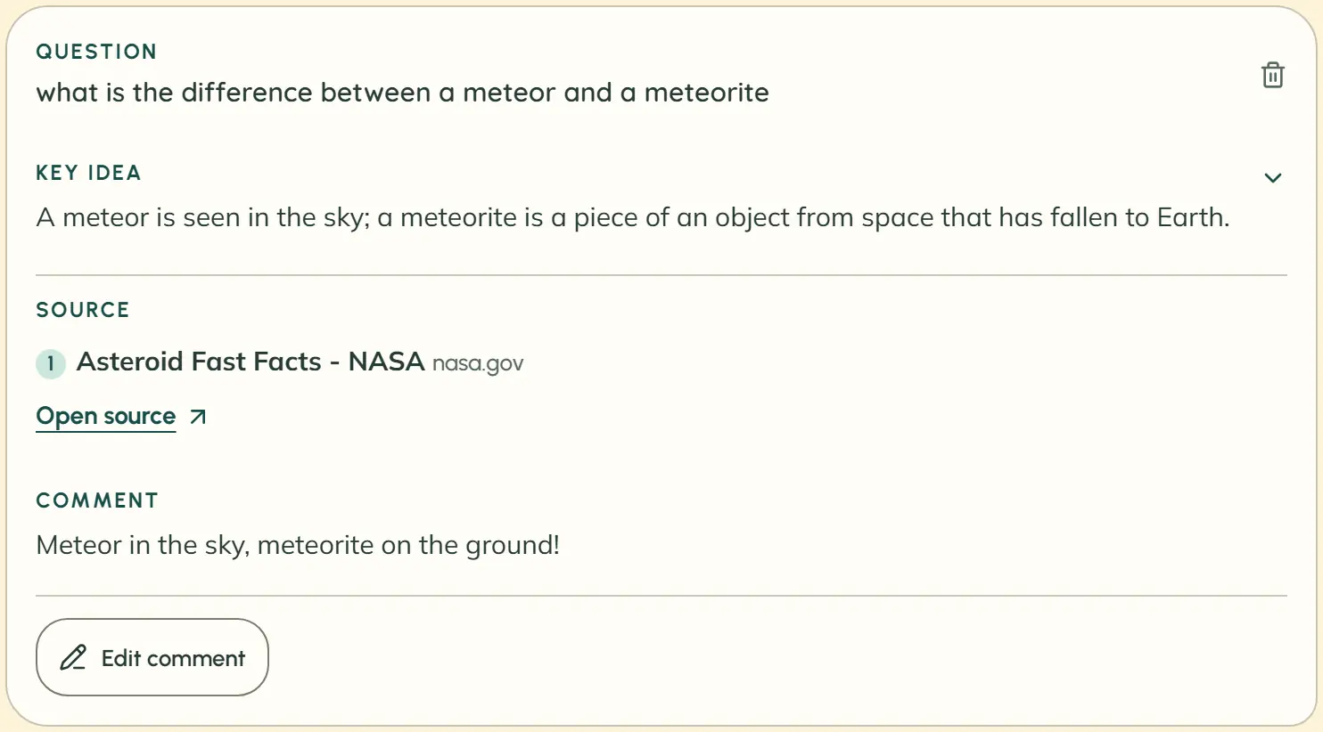 A saved note shows the question, the answer’s key idea, a numbered source with a link and the student’s comment. An “Edit comment” button is visible.