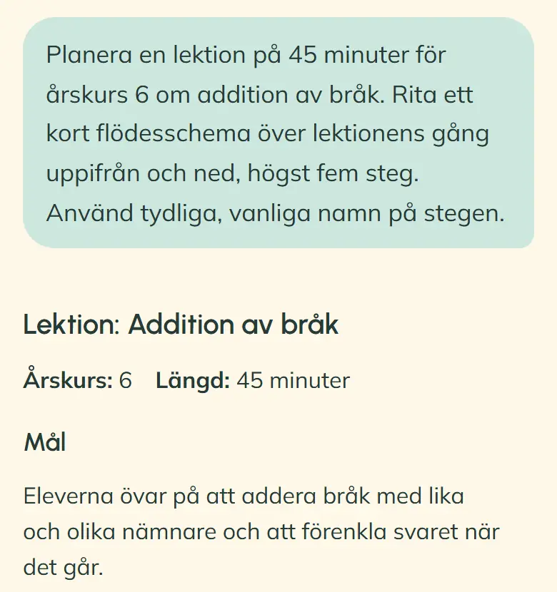 På telefonen syns lärarens fråga till OpeAI om en 45 minuter lång lektion i addition av bråk för årskurs 6 och ett kort diagram över lektionens steg. Svaret börjar med lektionsrubriken och målet.
