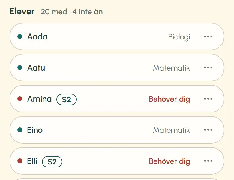 De fem första raderna i lärarens elevlista syns. Amina och Elli, på tredje och femte raden, har markeringen S2. Namnen är påhittade.
