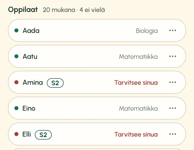 Opettajan oppilaslista puhelimella: viisi ensimmäistä riviä, joista kolmannella ja viidennellä, Aminalla ja Ellillä, on S2-merkintä. Esittelyluokan nimet ovat keksittyjä.