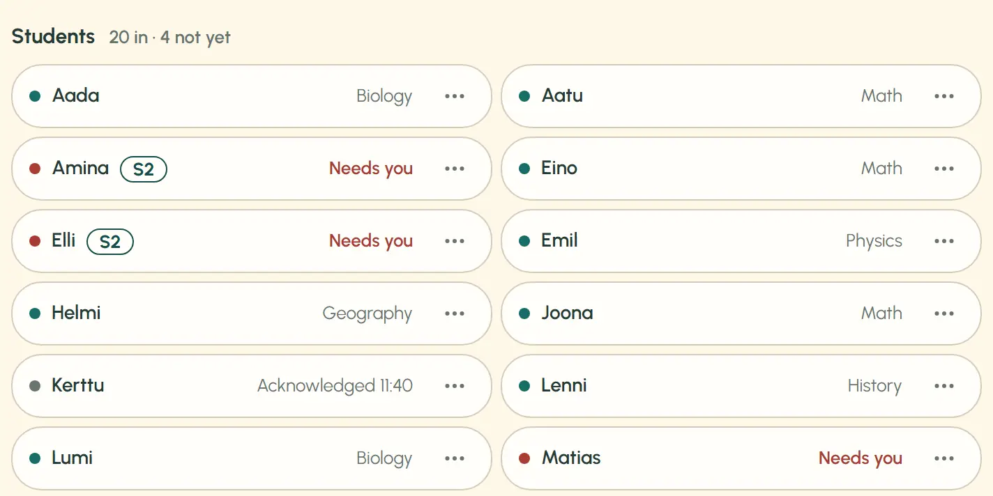 The teacher’s roster shows first names in two columns. Amina and Elli have an S2 mark beside their names. Each row shows a subject or the text “Needs you”. The demo class names are fictional.