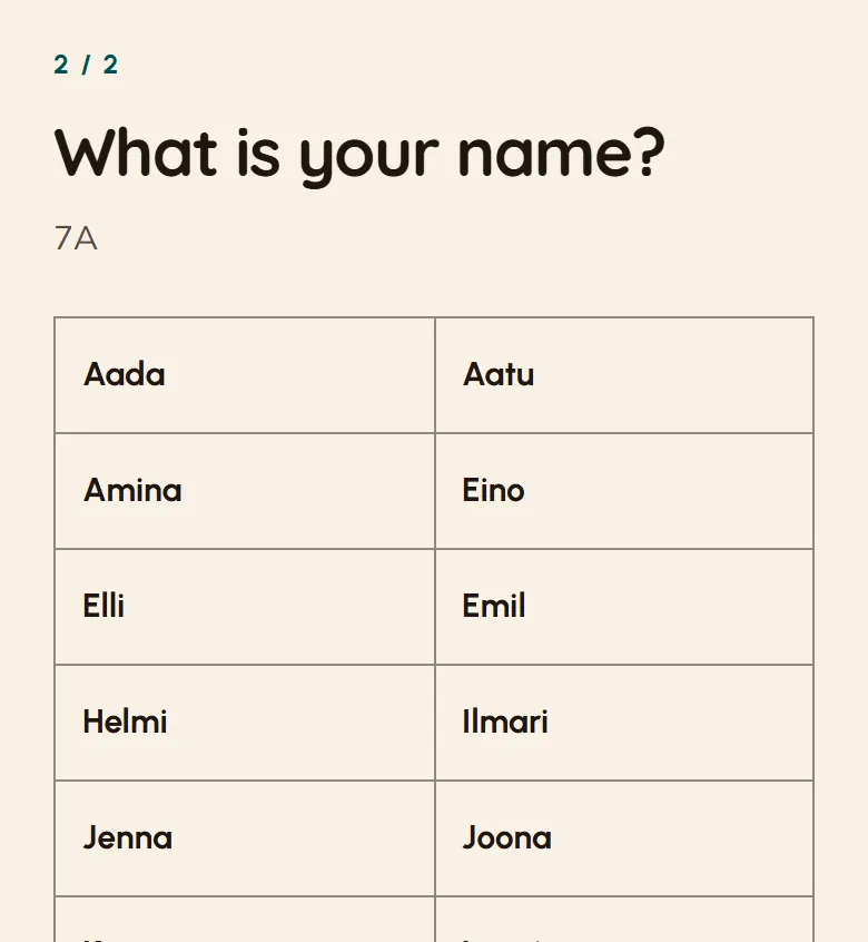 A student’s phone shows step 2/2, the question “What is your name?”, class 7A and the first roster rows from which the student picks their name. Demo class names are fictional.