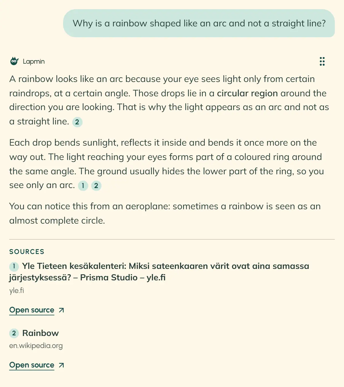 A student asks why a rainbow is curved. Lapmin’s answer has numbered citations. Below it are two sources, Yle and Wikipedia, each with an “Open source” link.