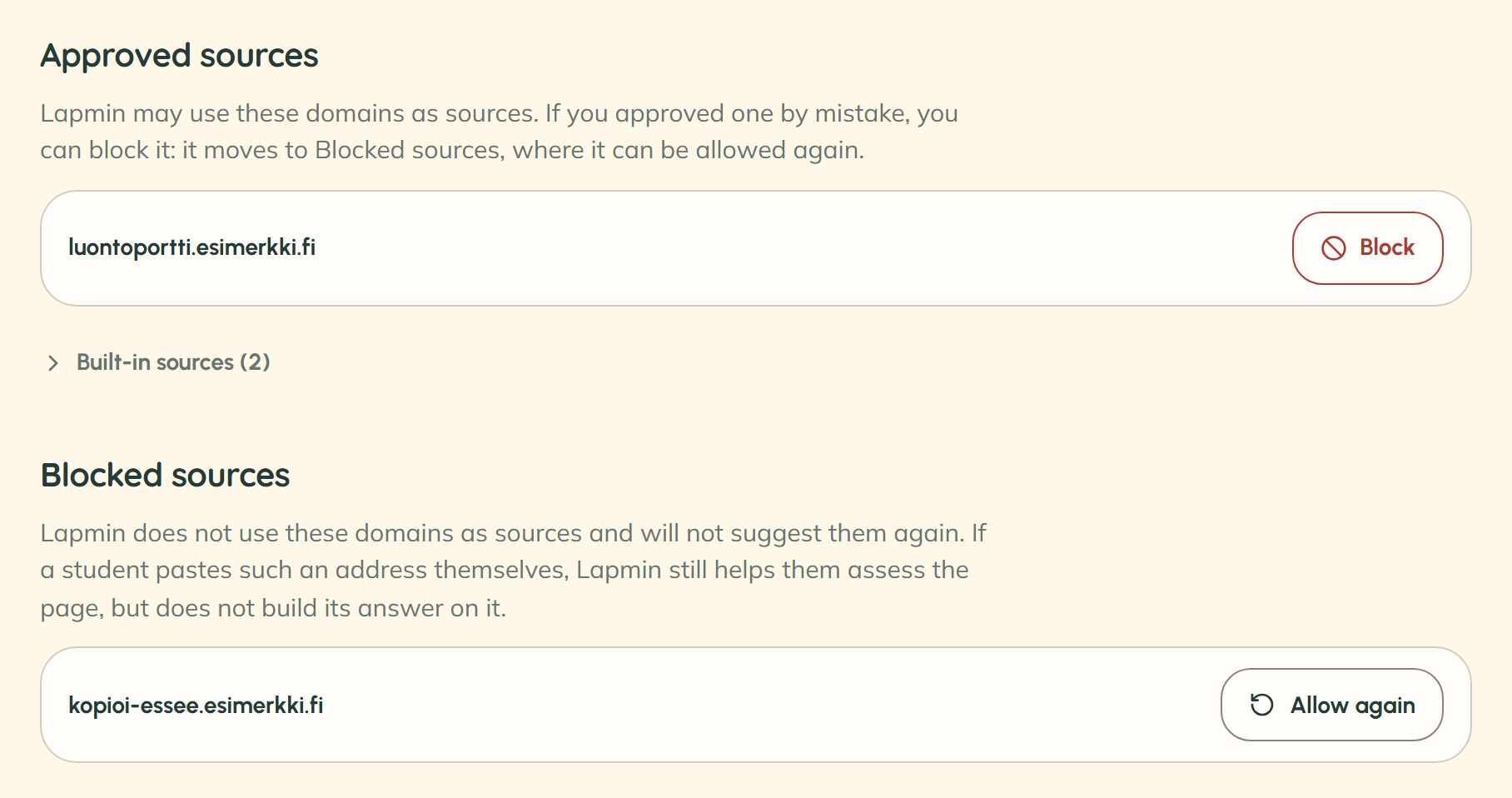 Approved and blocked sources in the teacher’s view. An approved site has a “Block” button, a blocked site has an “Allow again” button, and Lapmin’s built-in sources appear in their own group. The sites are examples.