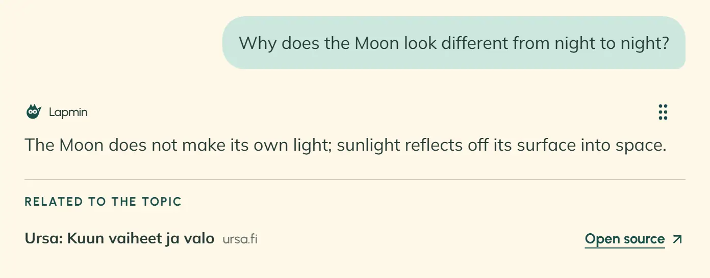 A student asks why the Moon looks different from night to night. The answer has no citation. Under “Related to the topic” is an Ursa page about the Moon’s phases, with an “Open source” link.