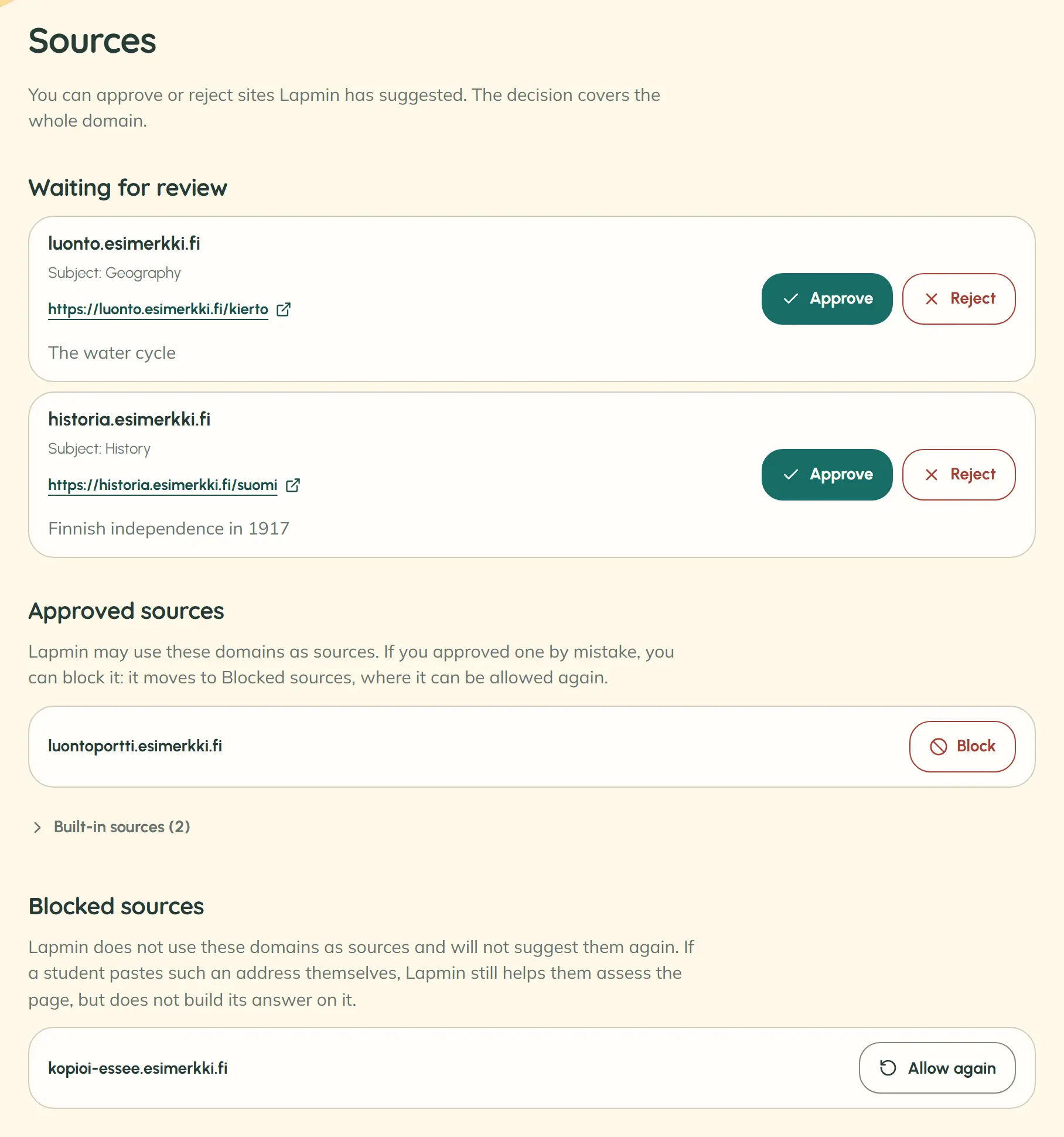 On the teacher’s Sources page, two suggested websites await review, with “Subject: Geography” and “Subject: History” rows. Approved and blocked sources appear below. The websites are examples.
