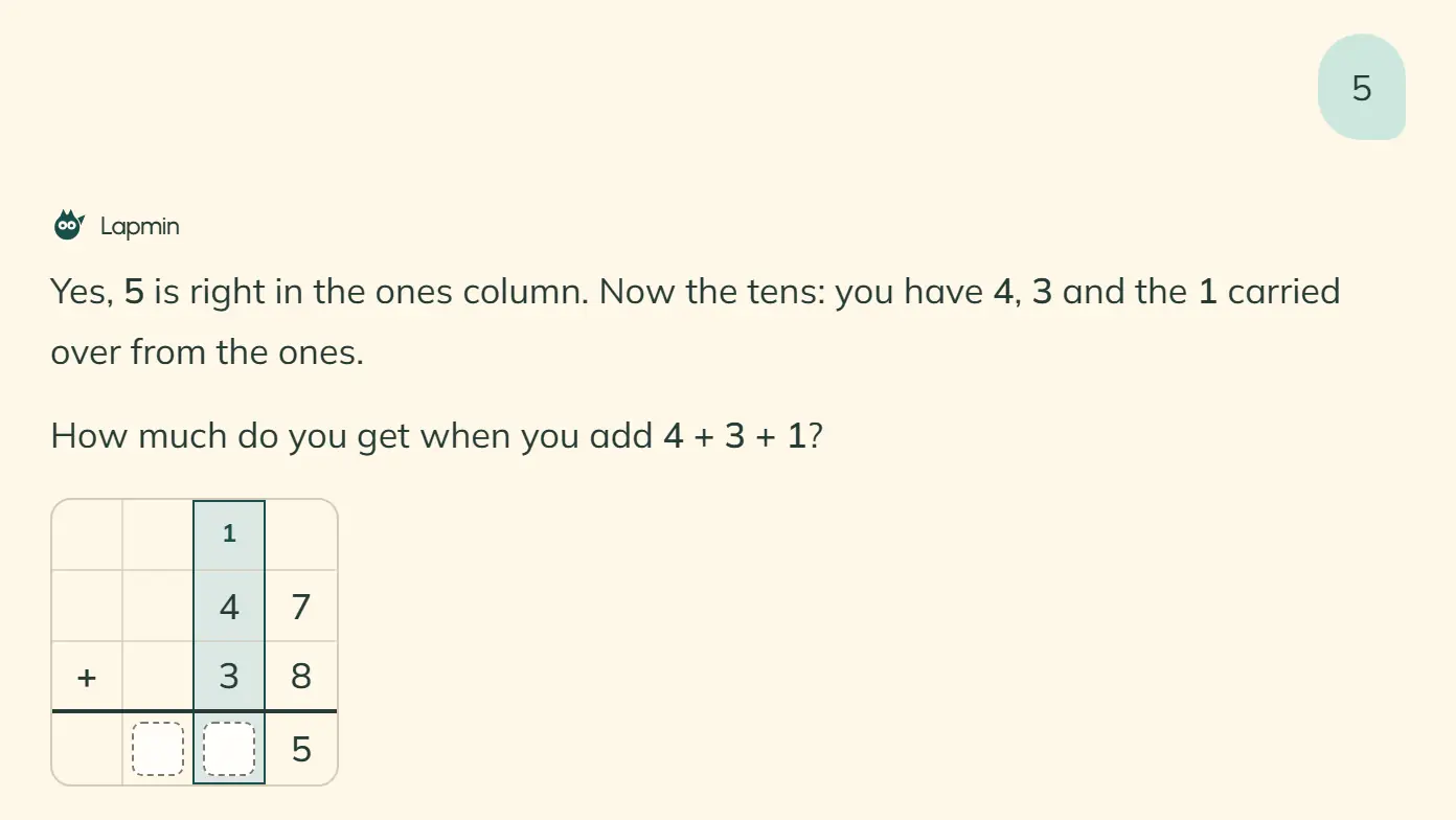 The student has answered 5. Lapmin confirms it is correct in the ones column and asks what 4 + 3 + 1 equals. The grid shows 47 above 38, the entered 5, a carried 1 above the tens and the highlighted tens column.