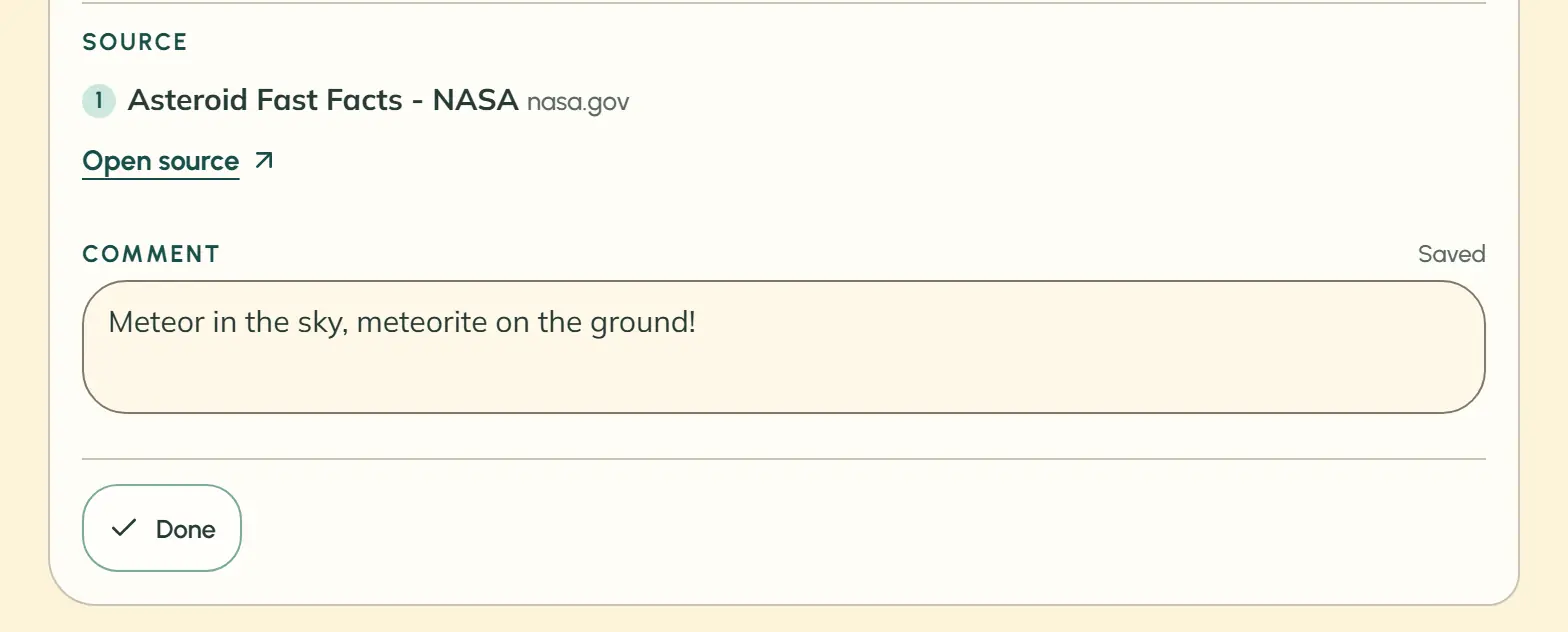 A saved note shows the source Asteroid Fast Facts – NASA and an open “Comment” field. The student has written “Meteor in the sky, meteorite on the ground!”. “Saved” appears above the field and a “Done” button below it.