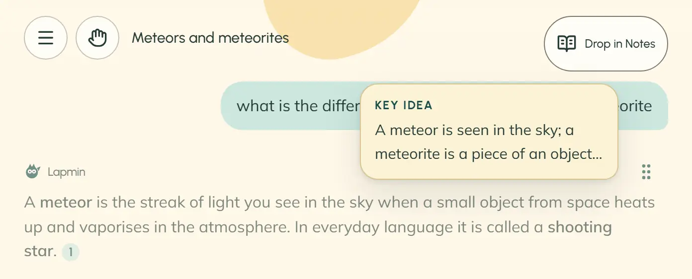 The student drags the answer by its handle. A card with the key idea about a meteor and meteorite moves towards the “Drop in Notes” button; the answer behind it fades.