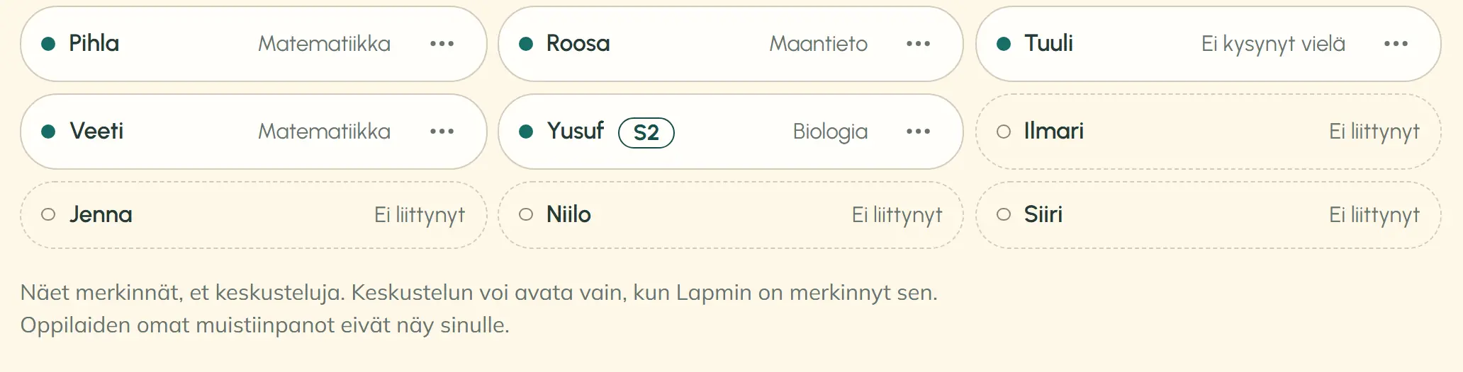 Opettajan oppituntinäkymän nimilistan viimeiset rivit: Pihla, Roosa, Tuuli, Veeti ja Yusuf sekä liittymättömät Ilmari, Jenna, Niilo ja Siiri. Listan alla lukee: ”Näet merkinnät, et keskusteluja. Keskustelun voi avata vain, kun Lapmin on merkinnyt sen. Oppilaiden omat muistiinpanot eivät näy sinulle.”