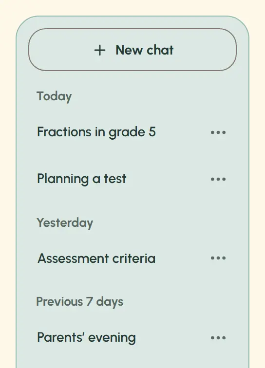 OpeAI’s “Chats” list with a “New chat” button. Saved chats are grouped under “Today” and “Yesterday”, with an actions button beside each title. The “Previous 7 days” group begins below.