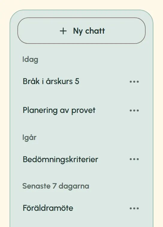 OpeAI:s lista ”Chattar” med knappen ”Ny chatt”. Sparade chattar finns under ”Idag” och ”Igår”, med en åtgärdsknapp vid varje namn. Längre ned börjar gruppen ”Senaste 7 dagarna”.