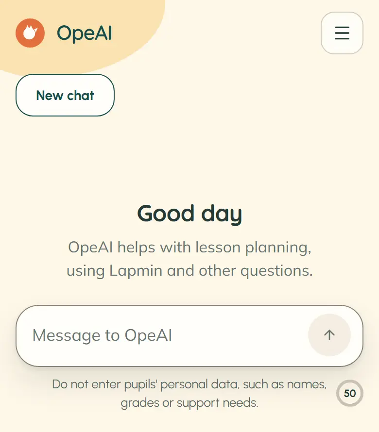 A new OpeAI chat on a phone, showing “Good day”, an empty message box, the notice about students’ personal data and the number of messages left today.
