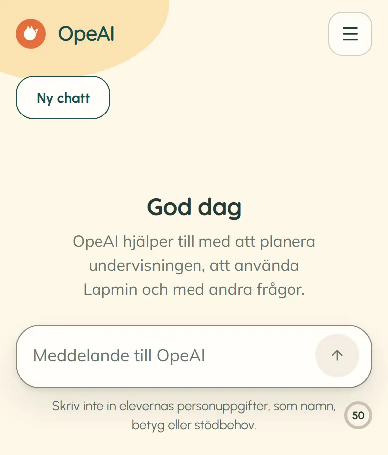 En ny OpeAI-chatt med hälsningen ”God dag”, ett tomt meddelandefält, påminnelsen om elevernas personuppgifter och antalet meddelanden som återstår.