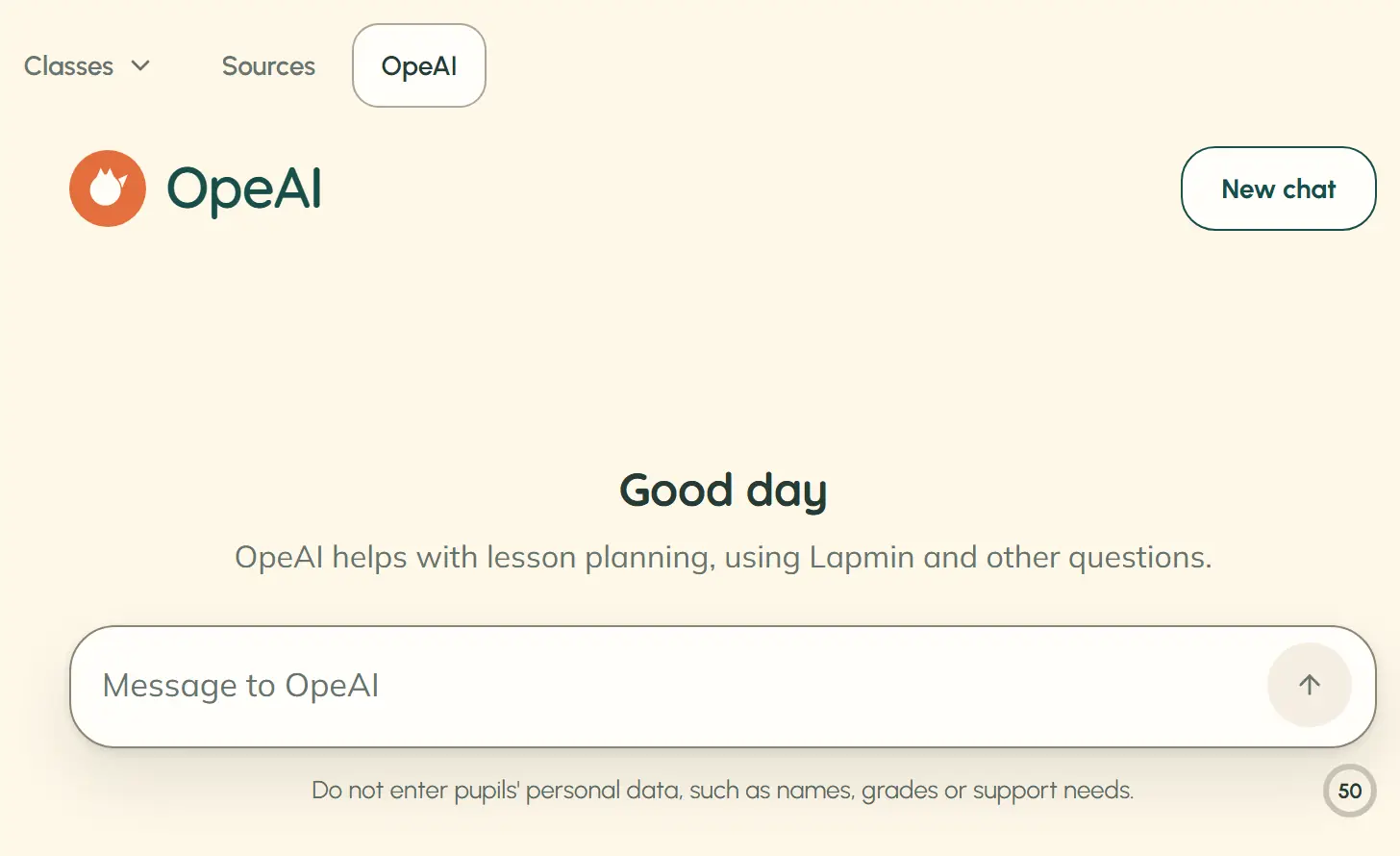 OpeAI is selected after “Sources” in the teacher menu. The new chat shows “Good day”, an empty message box, a notice about students’ personal data and the number of messages left today.