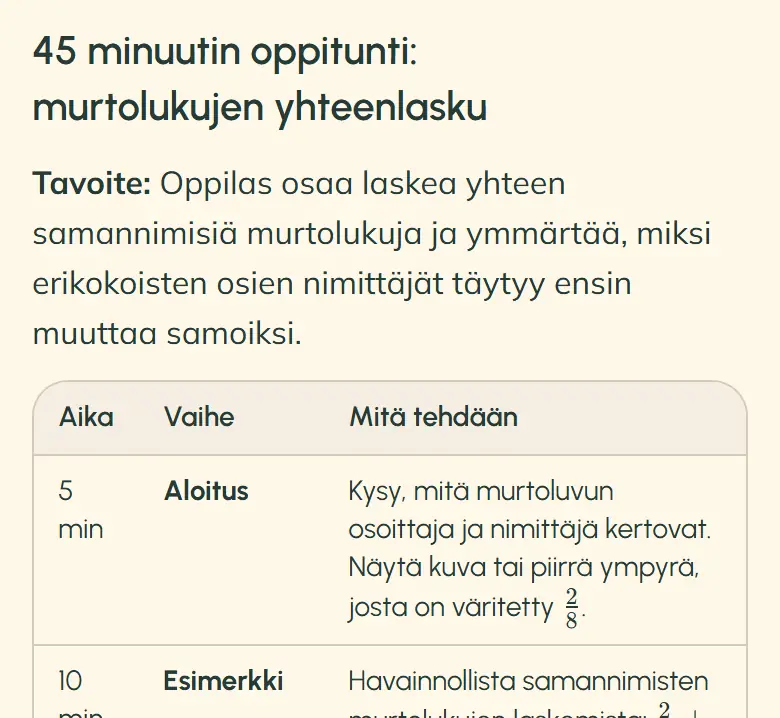 OpeAI:n vastauksen alku puhelimella: otsikko ”45 minuutin oppitunti: murtolukujen yhteenlasku”, tunnin tavoite ja taulukko, jonka sarakkeet ovat Aika, Vaihe ja Mitä tehdään. Ensimmäisellä rivillä on vaihe Aloitus, 5 minuuttia, ja sen alla alkaa rivi Esimerkki, 10 minuuttia.