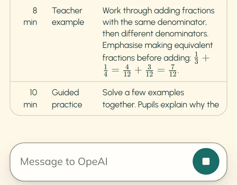OpeAI is writing a table on a phone. One row is still unfinished, and the “Stop” button appears below the reply.