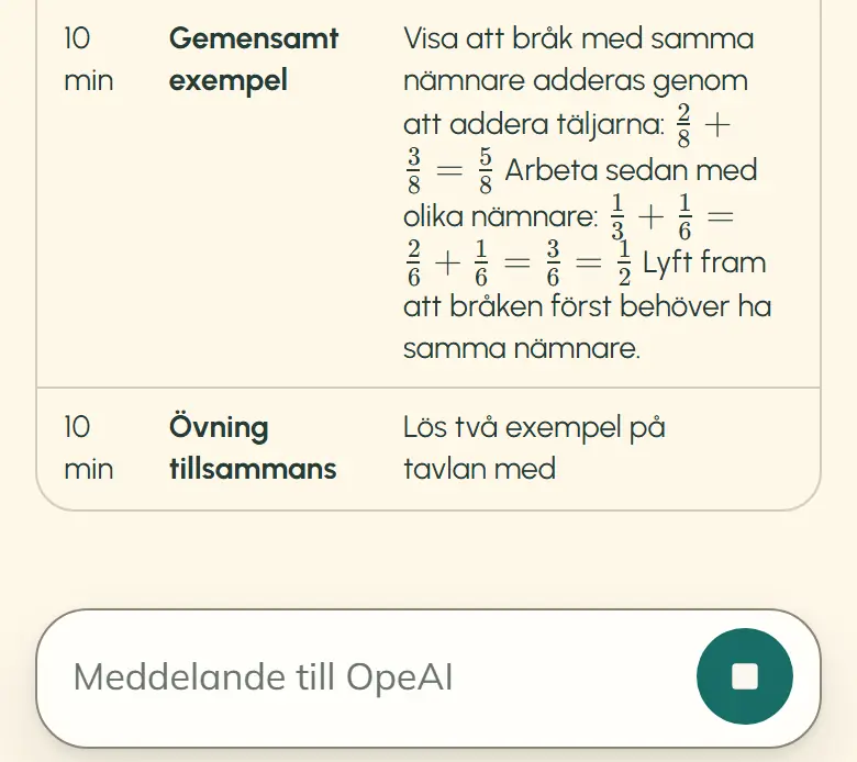 OpeAI skriver i tabellen på en telefon. Texten i en av raderna är ännu inte färdig, och knappen ”Stoppa” visas under svaret.