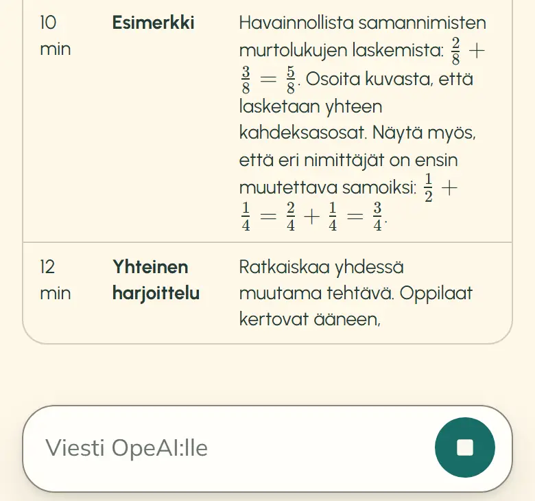 OpeAI kirjoittaa vastausta puhelimella: taulukon rivi Esimerkki ja sen alla rivi Yhteinen harjoittelu, jonka teksti on vielä kesken. Alla viestikenttä, jonka lähetyspainikkeen paikalla on pysäytyspainike.