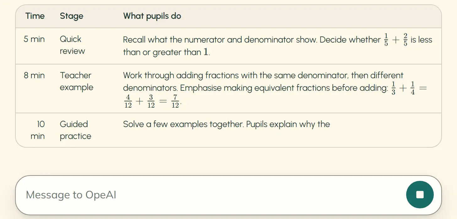 OpeAI is writing a reply. Two rows of a lesson table are complete and the third is still being written. The message box below has a “Stop” button.