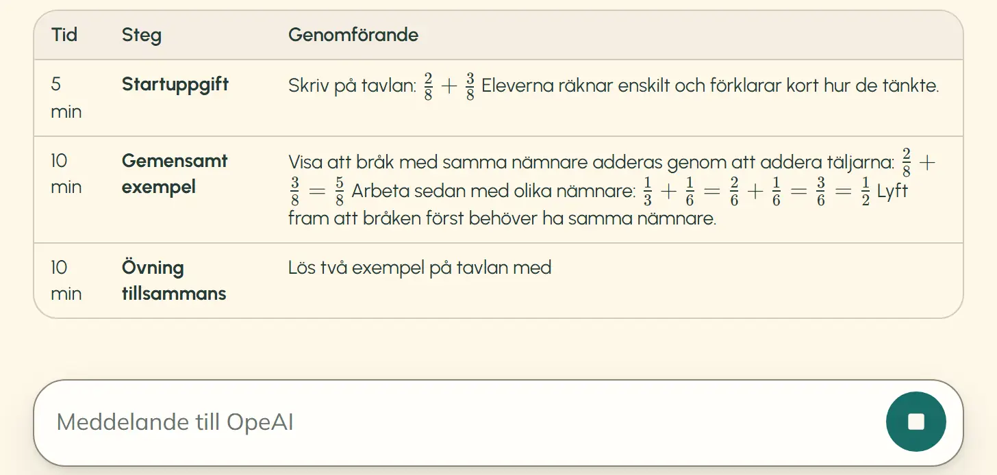 OpeAI skriver ett svar. Två rader i lektionstabellen är färdiga och texten i den tredje skrivs fortfarande. Under svaret finns meddelandefältet med knappen ”Stoppa”.