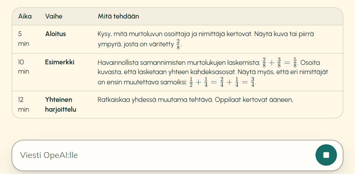 OpeAI kirjoittaa vastausta: taulukossa ovat rivit Aloitus ja Esimerkki, ja kolmannen rivin, Yhteinen harjoittelu, teksti on vielä kesken. Alla viestikenttä, jonka lähetyspainikkeen paikalla on pysäytyspainike.