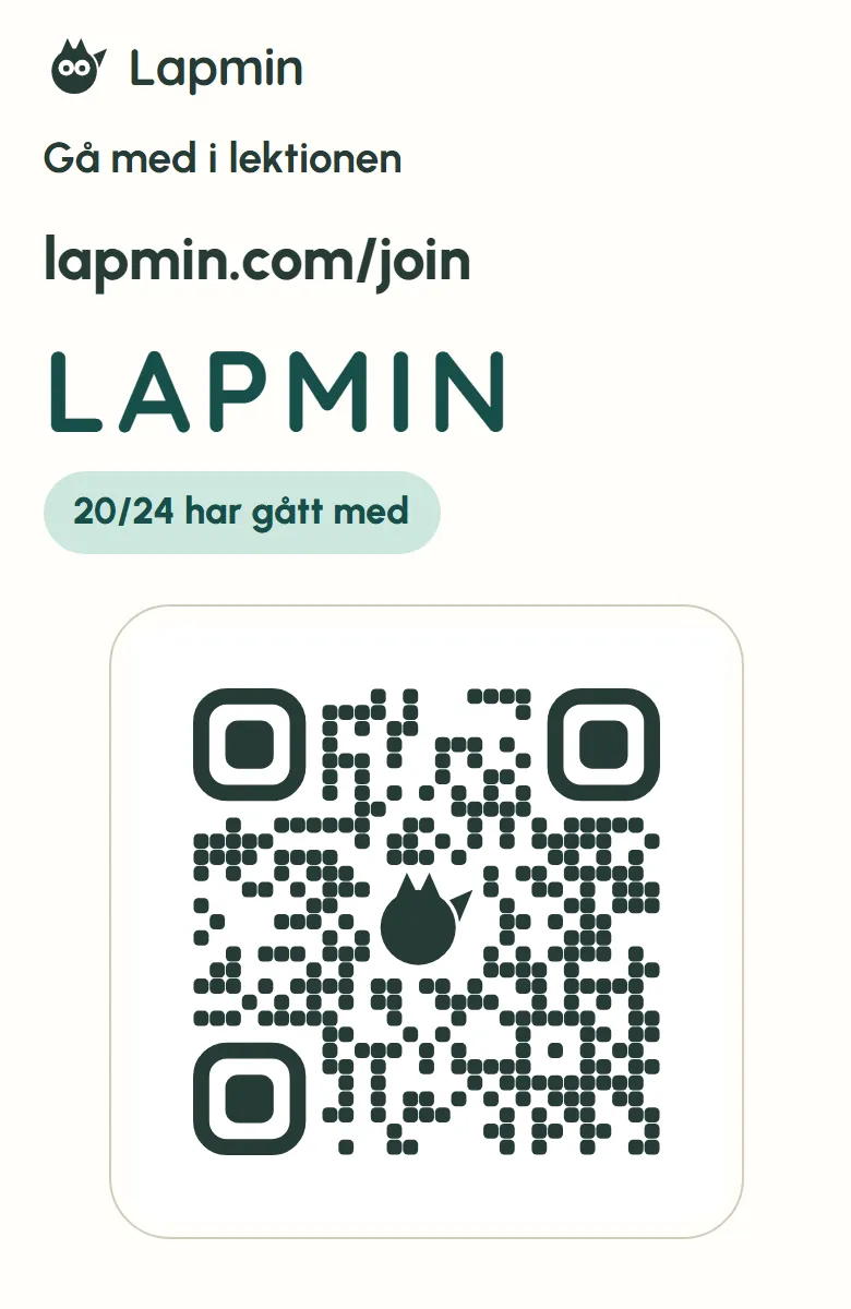 Lektionskoden och QR-koden i en smal vy. Koden i bilden är ett exempel och fungerar inte.