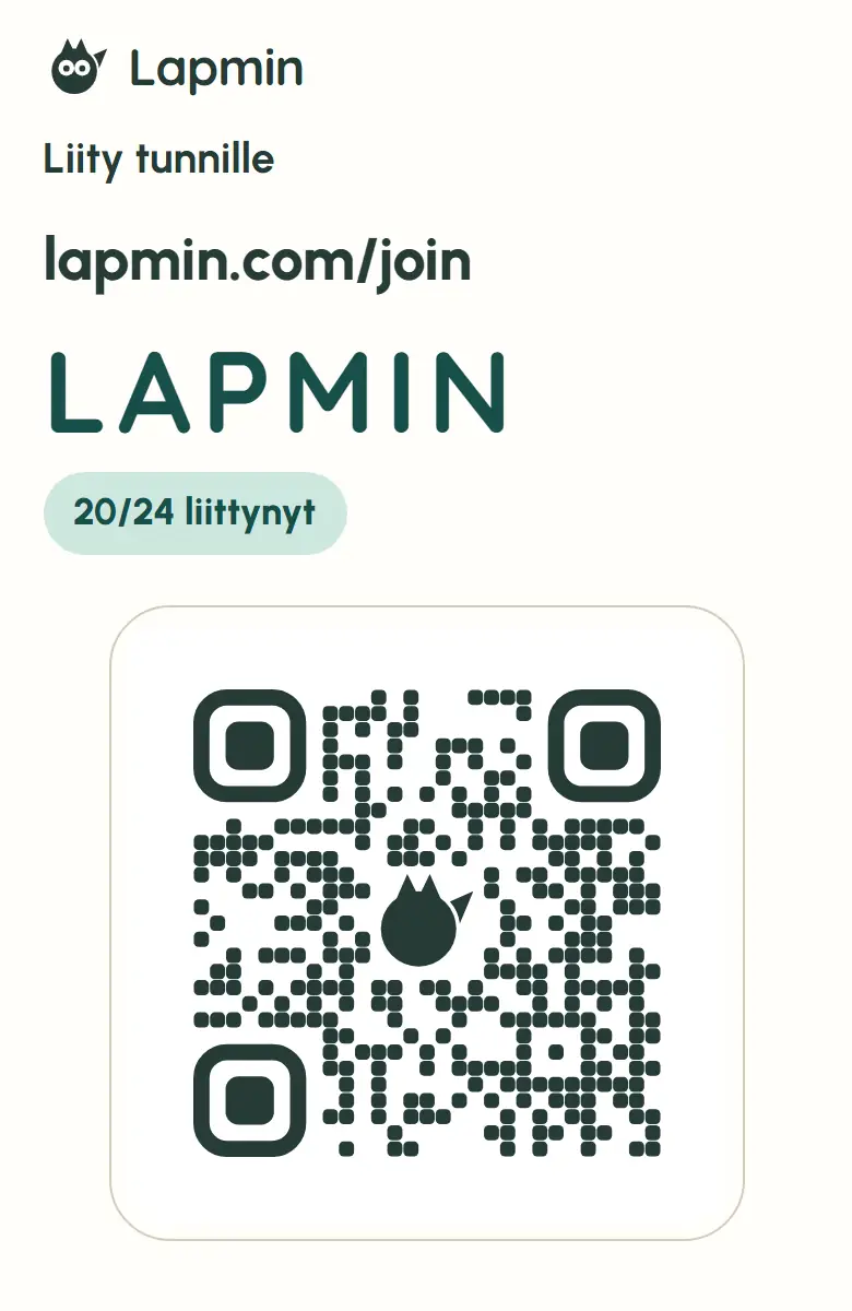 Liittymiskoodi ja QR-koodi kapealla näytöllä. Kuvan koodi on esimerkki eikä toimi.