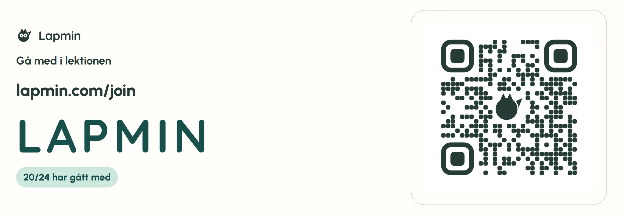 Projektorvyn visar lektionskoden, en QR-kod och hur många elever som har gått med. Koden i bilden är ett exempel och fungerar inte.