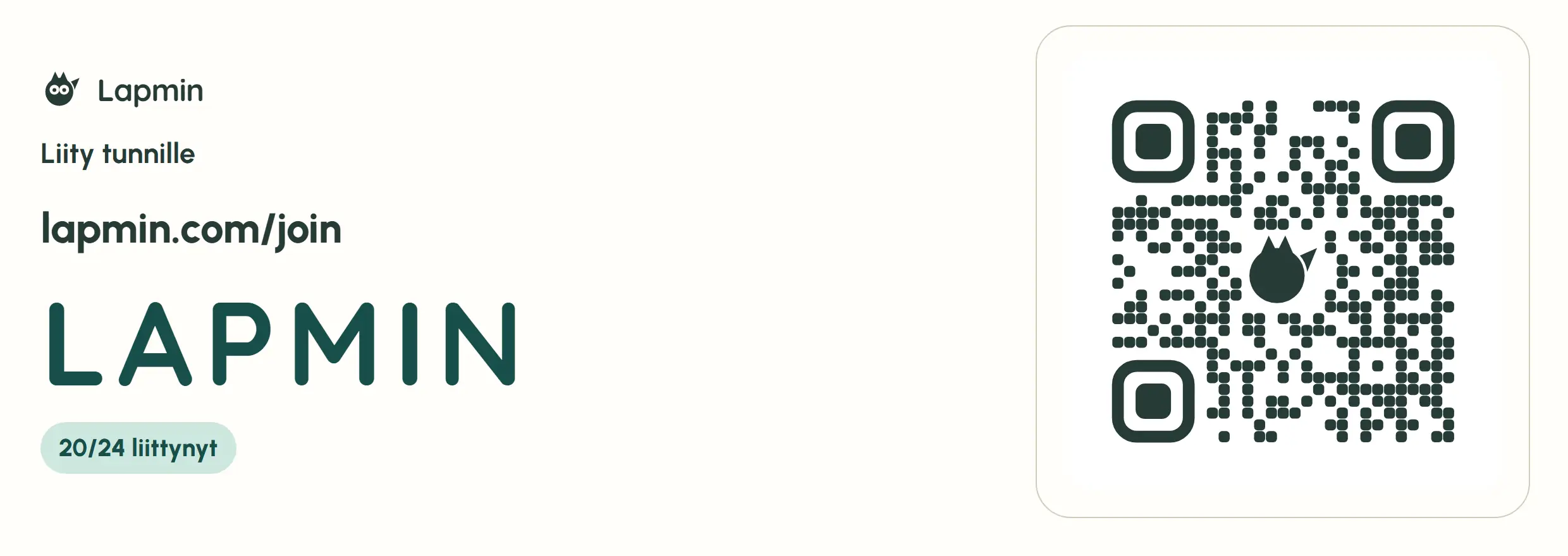 Videotykillä näkyvä liittymiskoodi, sen QR-koodi ja liittyneiden määrä. Kuvan koodi on esimerkki eikä toimi.