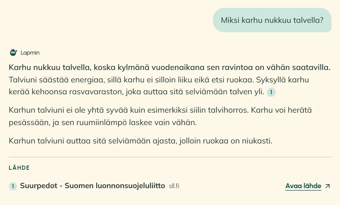 Oppilaan kysymys ”Miksi karhu nukkuu talvella?” ja Lapminin vastaus yläkoulun luokassa ilman S2-merkintää: ”Karhu nukkuu talvella, koska kylmänä vuodenaikana sen ravintoa on vähän saatavilla. Talviuni säästää energiaa, sillä karhu ei silloin liiku eikä etsi ruokaa. Syksyllä karhu kerää kehoonsa rasvavaraston, joka auttaa sitä selviämään talven yli. Karhun talviuni ei ole yhtä syvää kuin esimerkiksi siilin talvihorros. Karhu voi herätä pesässään, ja sen ruumiinlämpö laskee vain vähän. Karhun talviuni auttaa sitä selviämään ajasta, jolloin ruokaa on niukasti.” Alla on lähde Suomen luonnonsuojeluliiton sivulta.