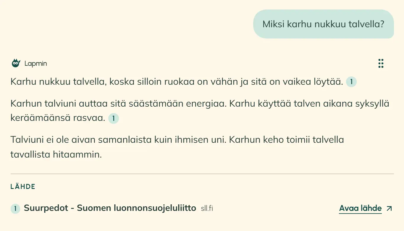 Sama kysymys ja Lapminin vastaus yläkoulun luokassa S2-merkitylle oppilaalle: ”Karhu nukkuu talvella, koska silloin ruokaa on vähän ja sitä on vaikea löytää. Karhun talviuni auttaa sitä säästämään energiaa. Karhu käyttää talven aikana syksyllä keräämäänsä rasvaa. Talviuni ei ole aivan samanlaista kuin ihmisen uni. Karhun keho toimii talvella tavallista hitaammin.” Alla on lähde Suomen luonnonsuojeluliiton sivulta.