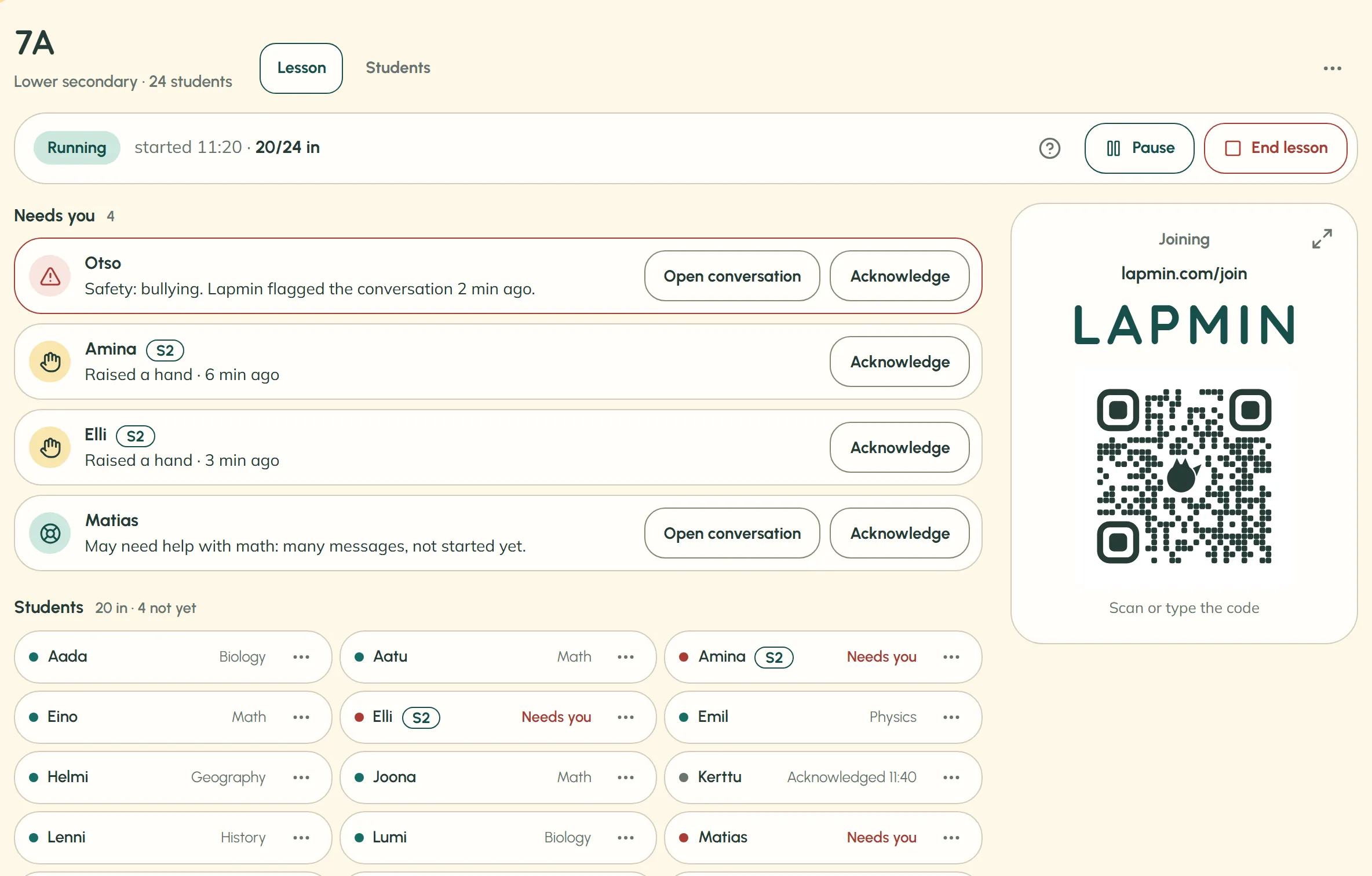 The teacher’s view during a lesson. The “Needs you” list has one safety flag, two raised hands and a student who may need help. A joining card shows a code and QR code; the first rows of the class roster are also visible. Demo class names are fictional.