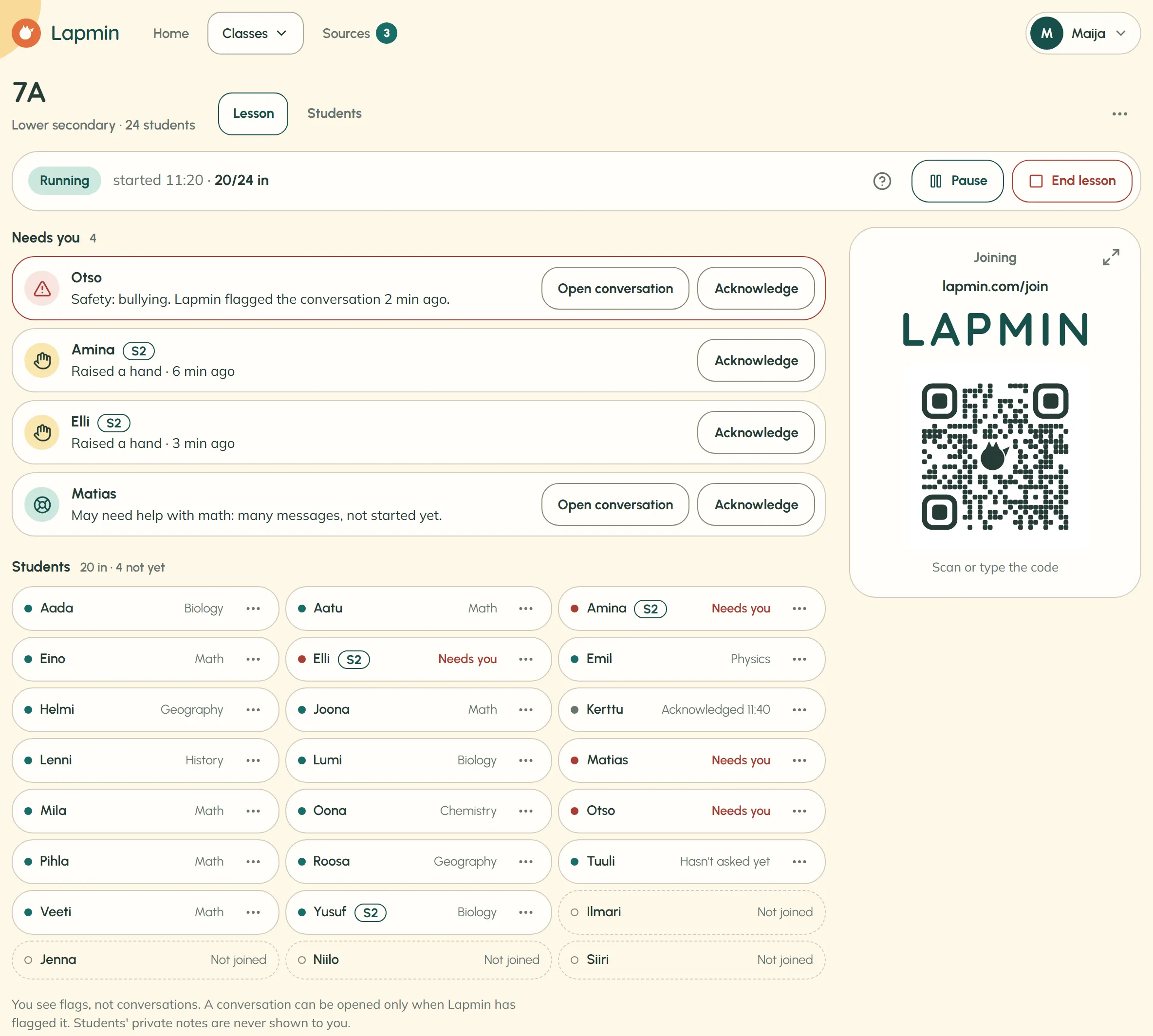 The teacher’s lesson view shows 20 of 24 students in the lesson, a “Needs you” list with one safety flag, two raised hands and a student who may need help, a joining card with a code and QR code, and the full class roster. Beside each name is a subject or brief status. Demo class names are fictional.